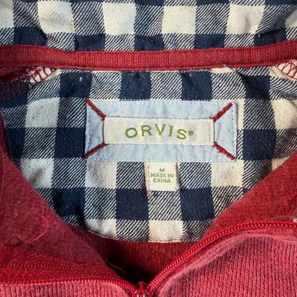 Orvis Mens Quarter Zip Pullover Sweater Red Gingham Trim Ribbed Knit Size M